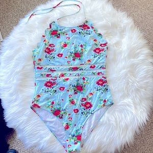 Women's Light Blue Floral Scalloped Halter One Piece Swimsuit